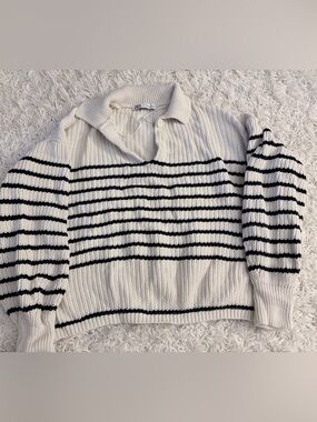 Zara Navy White Striped Collared Sweater Medium Nautical Knit Pullover